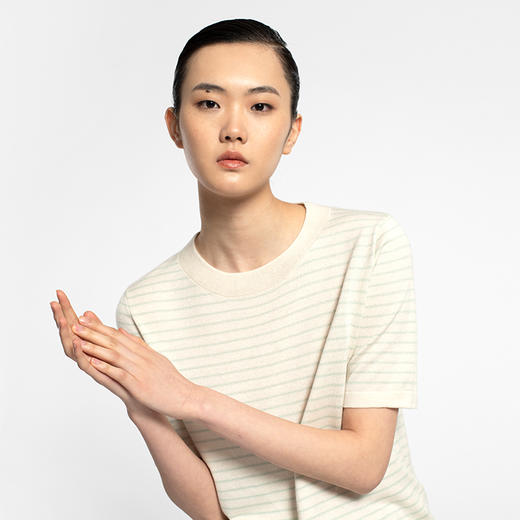 女士2022新款16针虚线纹理丝羊绒条纹针织T恤 商品图0
