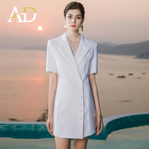 AD短袖西装连衣裙女白色职业装气质女神范套装裙高级感蕾丝西服裙 商品图0