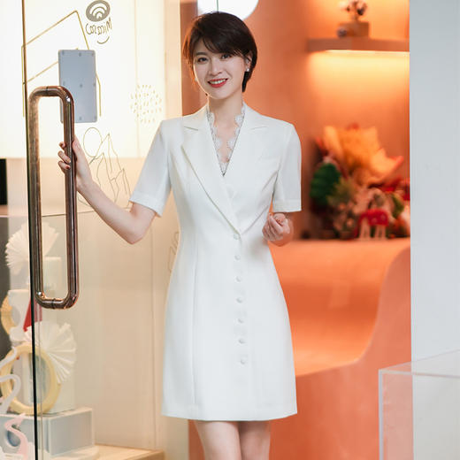 白色西装连衣裙女夏新款职业装气质女神范修身蕾丝拼接裙子 商品图0