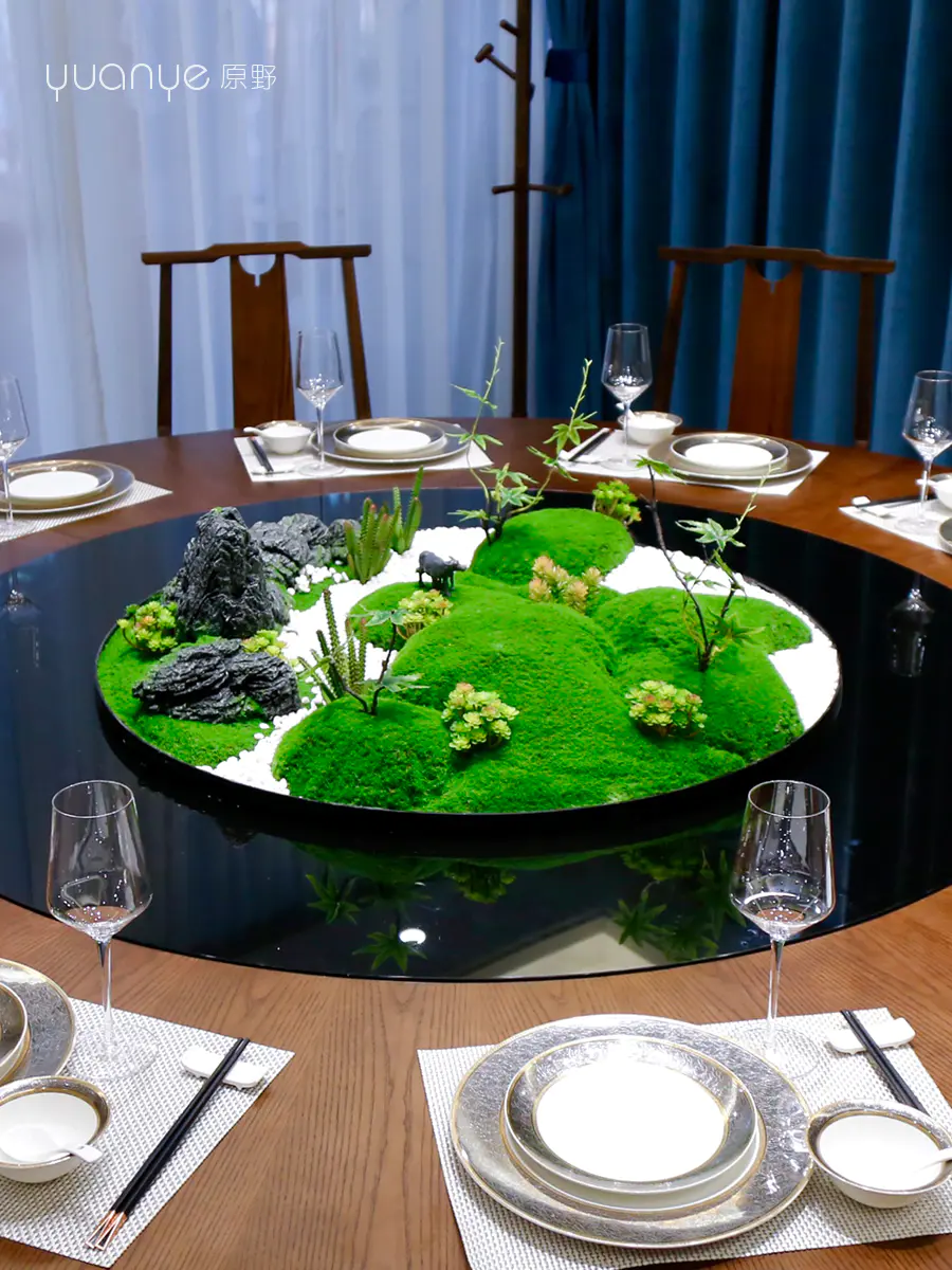 酒店餐桌花摆花高端新中式大圆桌装饰摆件餐厅中间转盘造景微景观