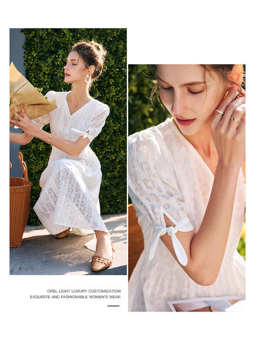OLrain法式高级穿搭白色刺绣连衣裙女夏2022新款收腰V领a字大摆裙 商品图1