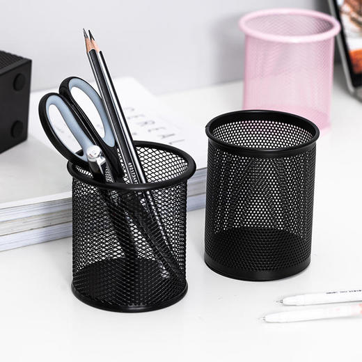 【仅供集采】12个/盒得力笔筒圆形金属网格笔插文具商务笔类收纳简约网纹创意时尚化妆刷收纳筒笔盒大容量多功能简约办公用品 商品图1