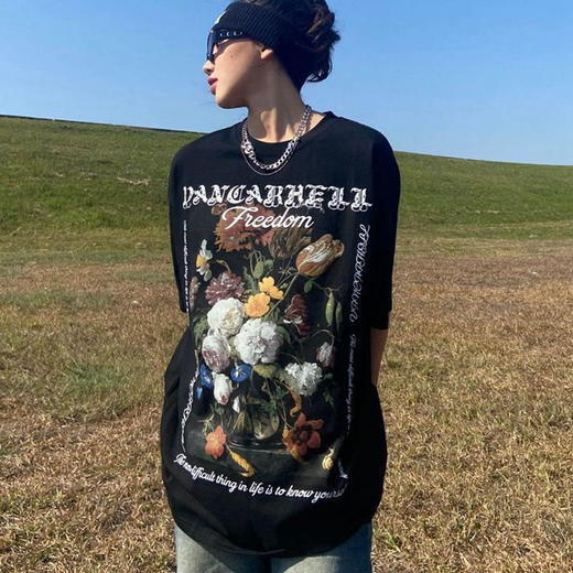 【美式复古花卉短袖T恤，时尚美观】黛唯梵爆款纯棉T恤，2022新款，小众设计上衣热卖 商品图1