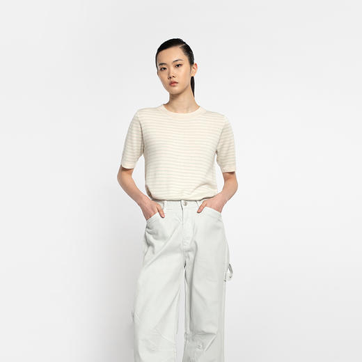 女士2022新款16针虚线纹理丝羊绒条纹针织T恤 商品图1