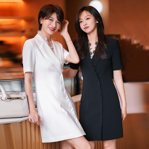 白色西装连衣裙女夏新款职业装气质女神范修身蕾丝拼接裙子 商品图3