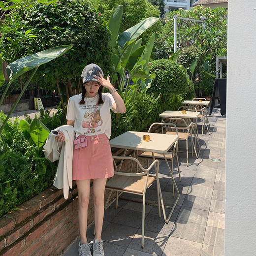 金蘑菇菇【桃桃乌龙】一眼心动小个子粉色牛仔俏皮减龄a字半裙 商品图0