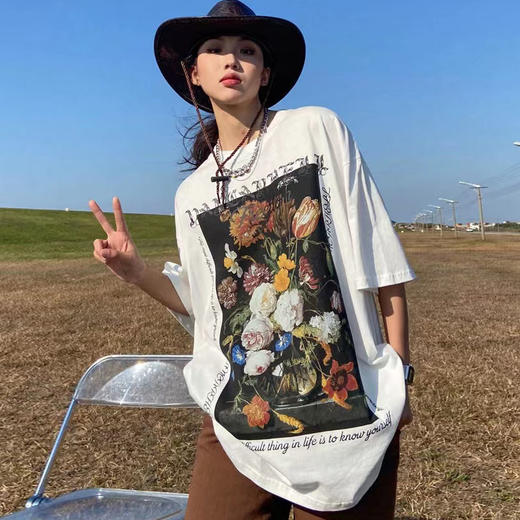 【美式复古花卉短袖T恤，时尚美观】黛唯梵爆款纯棉T恤，2022新款，小众设计上衣热卖 商品图4