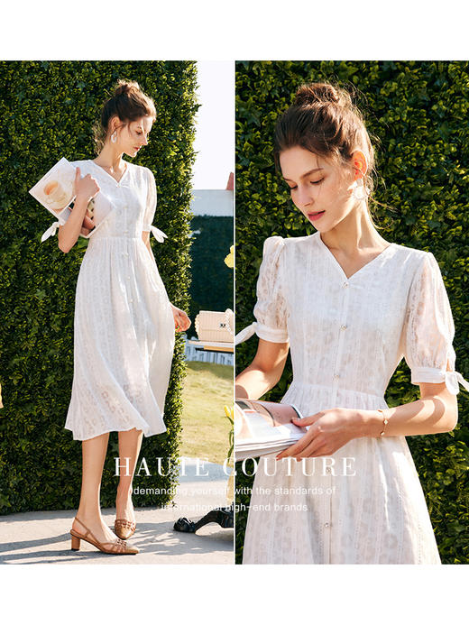 OLrain法式高级穿搭白色刺绣连衣裙女夏2022新款收腰V领a字大摆裙 商品图0