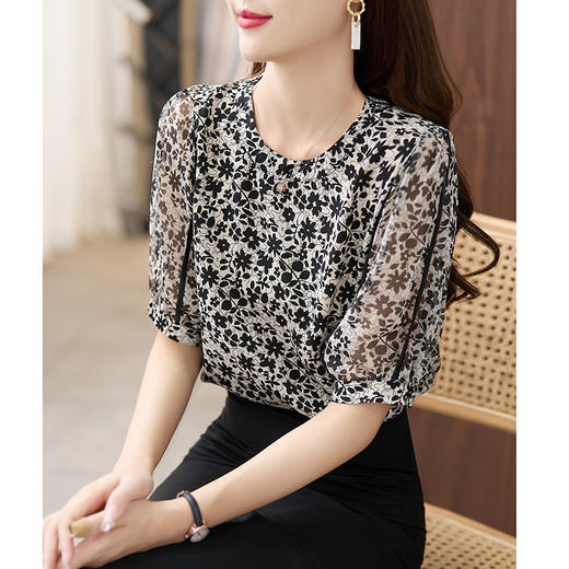 时尚印花，新款轻薄洋气短袖衬衫圆领雪纺碎花小衫KQL-2109 商品图0