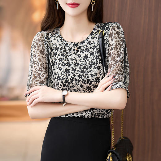 时尚印花，新款轻薄洋气短袖衬衫圆领雪纺碎花小衫KQL-2109 商品图1