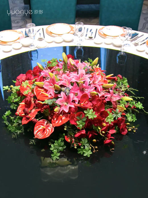 酒店餐桌花大圆桌中间转盘摆花饭店餐厅高端仿真花装饰花艺摆件 商品图1
