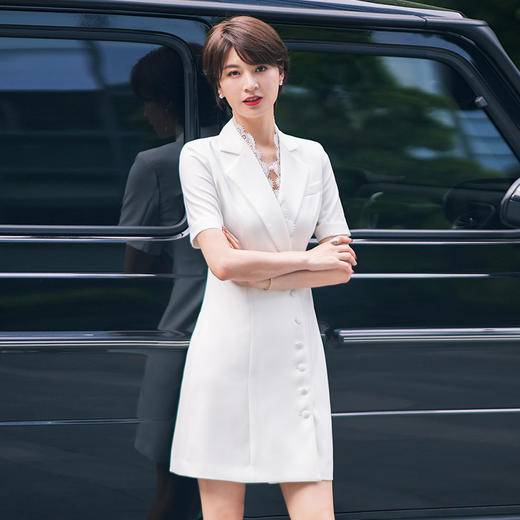 白色西装连衣裙女夏新款职业装气质女神范修身蕾丝拼接裙子 商品图2