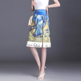 修身时尚，中长款印花拼接高腰侧开叉国风气质半身裙MYX-9970