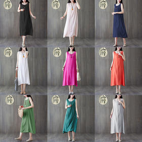 复古文艺纯色舒适背心连衣裙2023春秋女长款裙子宽松打底裙cyl11