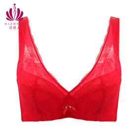 贝佳人新品全罩红色内衣女大胸显小背心式深V蕾丝花边文胸本命年