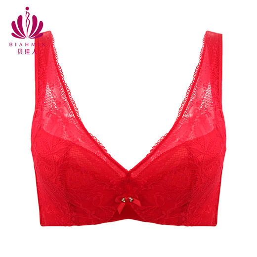 贝佳人新品全罩红色内衣女大胸显小背心式深V蕾丝花边文胸本命年 商品图0