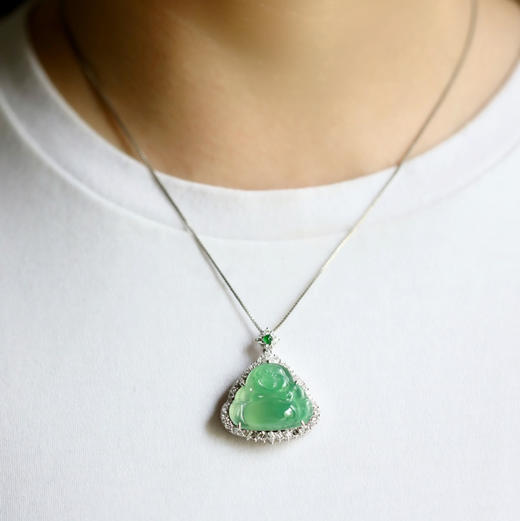 高冰种木那阳绿翡翠弥勒佛18k白金钻石镶嵌 商品图1