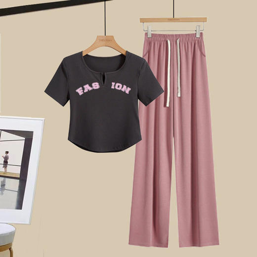 【潮搭造型，显瘦不过时】黛唯梵网红爆款时尚冰丝套装女，夏季短袖T恤，设计感小众ins甜辣显瘦阔腿裤两件套热卖 商品图2