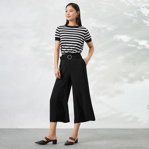 下架-EITIE爱特爱纯色通勤显瘦简约阔腿裤九分裤6605310裤子 商品图1
