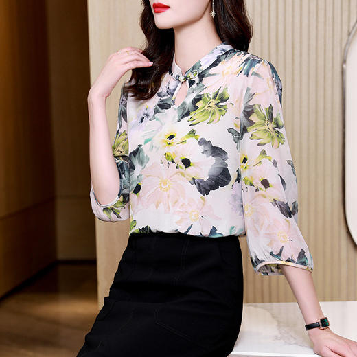 气质中袖，桑蚕丝轻奢水墨印花重磅真丝衬衫MZC-2255 商品图3