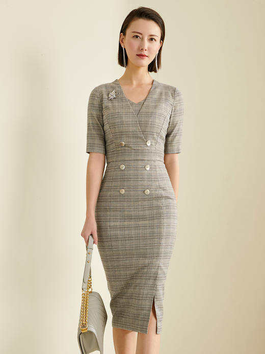 J9383820T1X5颈袖添香2024夏季新款OL显瘦修身包臀气质格子连衣裙女中长款J9383820T1X5 商品图0
