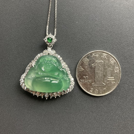 高冰种木那阳绿翡翠弥勒佛18k白金钻石镶嵌 商品图5