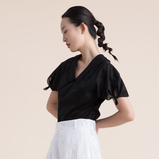 谜底复古法式尖领V领修身显瘦短袖上衣女2022夏季新款222MS0664 商品图1