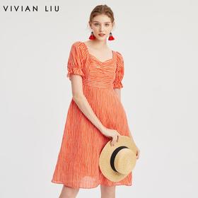 VIVIAN LIU Y2234107夏女装新款大方领前胸抽褶印花短袖连衣裙