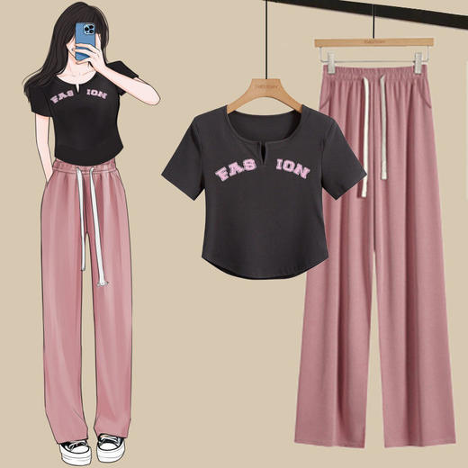 【潮搭造型，显瘦不过时】黛唯梵网红爆款时尚冰丝套装女，夏季短袖T恤，设计感小众ins甜辣显瘦阔腿裤两件套热卖 商品图1