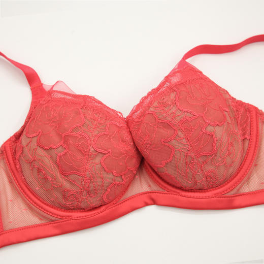 贝佳人新品大胸零负担舒适内衣无压软钢圈透气3/4水晶杯红色文胸 商品图5