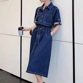 YHSS 16862 时尚气质收腰显瘦过膝长款牛仔连衣裙
