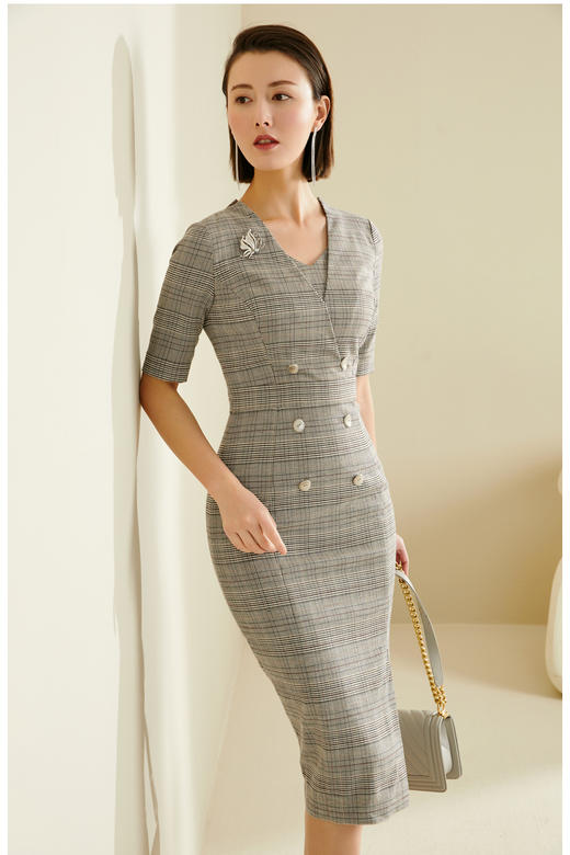 J9383820T1X5颈袖添香2024夏季新款OL显瘦修身包臀气质格子连衣裙女中长款J9383820T1X5 商品图1