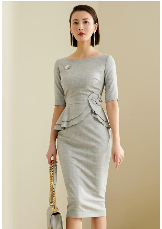 孤品-“莫奈的花园”系列 J8181968B颈袖添香2024四季新款中长款七分袖气质荷叶边职业连衣裙女裙子J8181968T1X5不退可换 商品图1