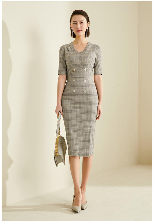 J9383820T1X5颈袖添香2024夏季新款OL显瘦修身包臀气质格子连衣裙女中长款J9383820T1X5 商品图2