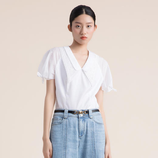 谜底复古法式尖领V领修身显瘦短袖上衣女2022夏季新款222MS0664 商品图0