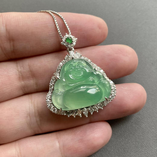 高冰种木那阳绿翡翠弥勒佛18k白金钻石镶嵌 商品图7