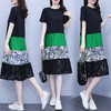 FEY-6573夏季胖mm显瘦藏肉拼撞色印花蕾丝连衣裙减龄过膝T恤长裙 商品缩略图2