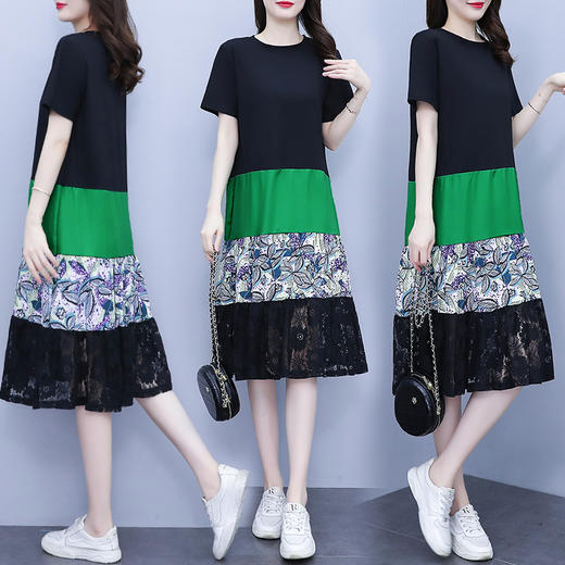 FEY-6573夏季胖mm显瘦藏肉拼撞色印花蕾丝连衣裙减龄过膝T恤长裙 商品图2