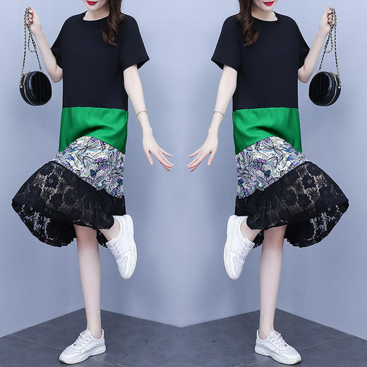 FEY-6573夏季胖mm显瘦藏肉拼撞色印花蕾丝连衣裙减龄过膝T恤长裙 商品图3