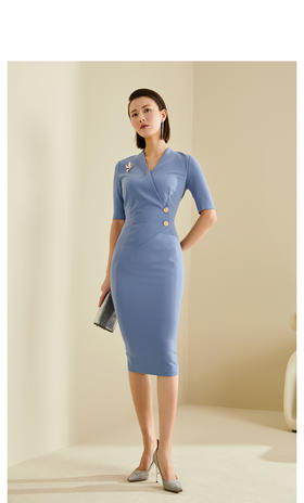 “海洋之心”J20384379T1X5  颈袖添香新款时尚气质修身包臀中长款高腰连衣裙