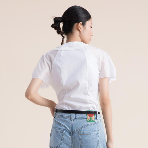 谜底复古法式尖领V领修身显瘦短袖上衣女2022夏季新款222MS0664 商品图2