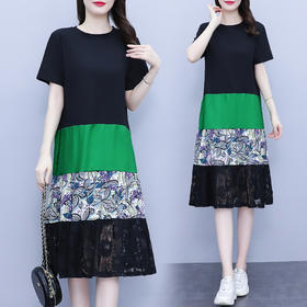 FEY-6573夏季胖mm显瘦藏肉拼撞色印花蕾丝连衣裙减龄过膝T恤长裙
