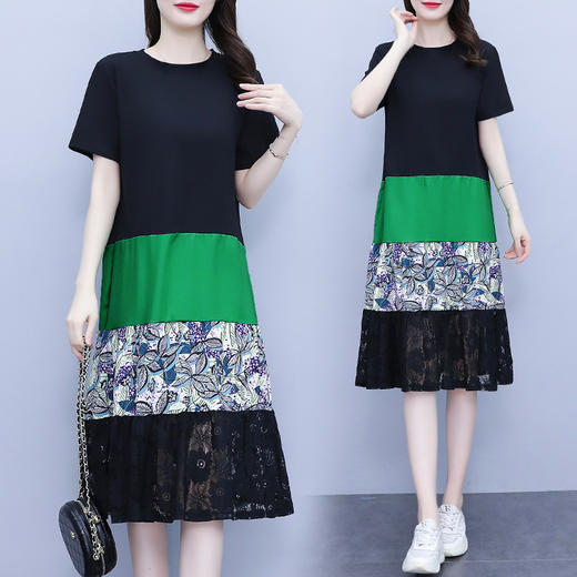 FEY-6573夏季胖mm显瘦藏肉拼撞色印花蕾丝连衣裙减龄过膝T恤长裙 商品图0