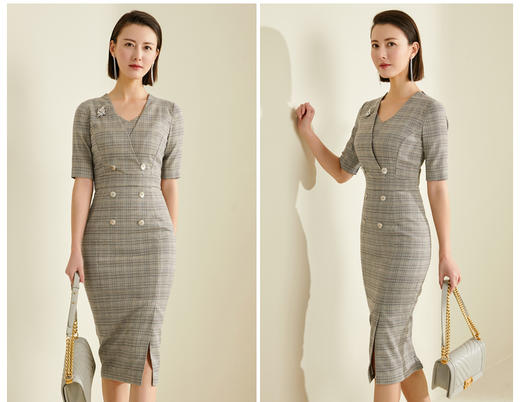 J9383820T1X5颈袖添香2024夏季新款OL显瘦修身包臀气质格子连衣裙女中长款J9383820T1X5 商品图3