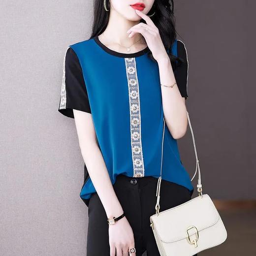 AHM-19573夏季新款时尚气质圆领撞色拼接宽松显瘦短袖T恤女 商品图3