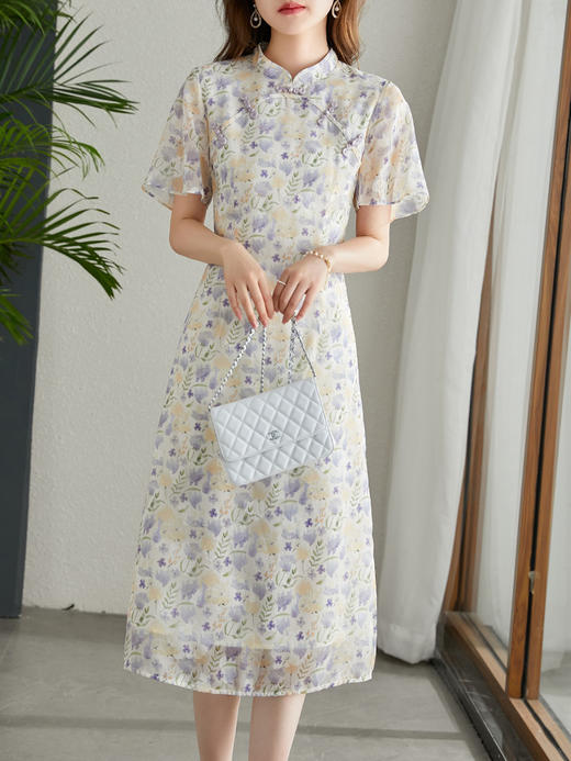 【年中特卖】改良旗袍式连衣裙女夏新款国风立领荷叶袖提花雪纺裙 商品图1