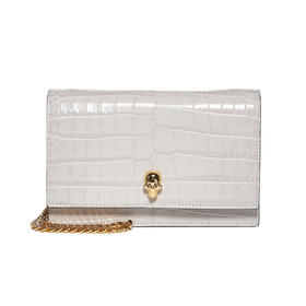 ALEXANDER MCQUEEN 亚历山大.麦昆 女士皮革鳄鱼压纹小号斜挎单肩骷髅包 浅灰 613088 1HB0G 1013