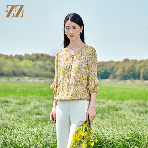 佐尔美2022夏季新款 100%桑蚕丝真丝碎花甜美衬衣女E22CS08 商品图0