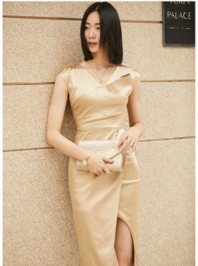 孤品 J9282633颈袖添香季新款修身显瘦女装御姐风气质包臀醋酸缎面连衣裙J9282633