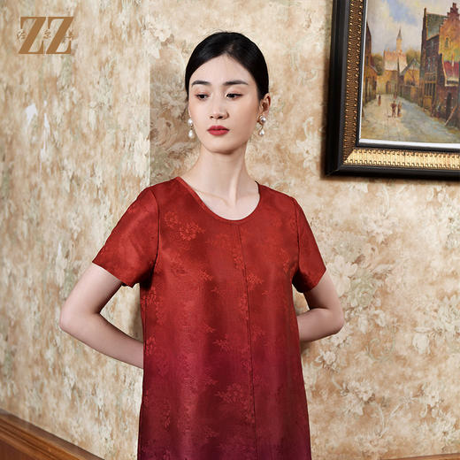 佐尔美2022夏季新款 渐变红云纱香云纱桑蚕丝真丝连衣裙女E22LS44 商品图1